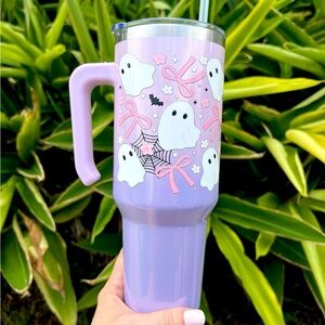 Custom 40oz Ombre Tumbler Pink/Lavender Ghosts & Bows | Iridescent Sparkle